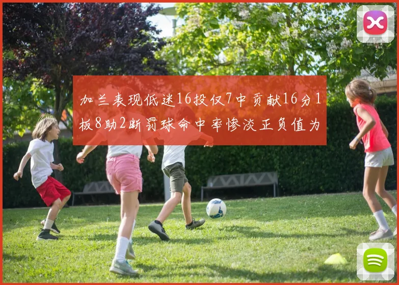 加兰表现低迷16投仅7中贡献16分1板8助2断罚球命中率惨淡正负值为负24